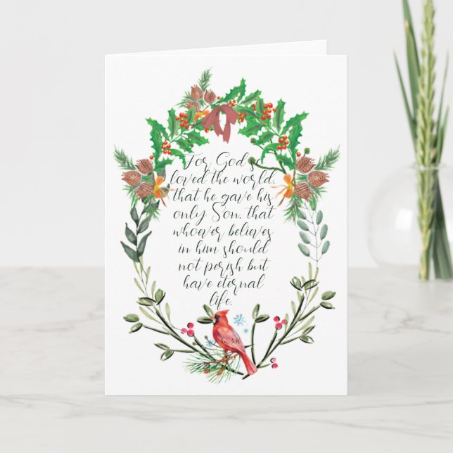 Northern Cardinal Merry Christmas Wreath Thank You Card (Front)