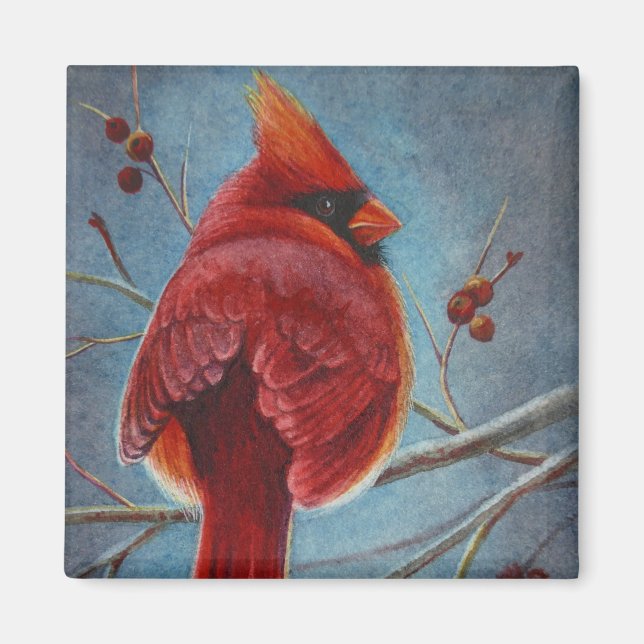Northern Cardinal Red Bird Berries Watercolor Art Magnet (Front)