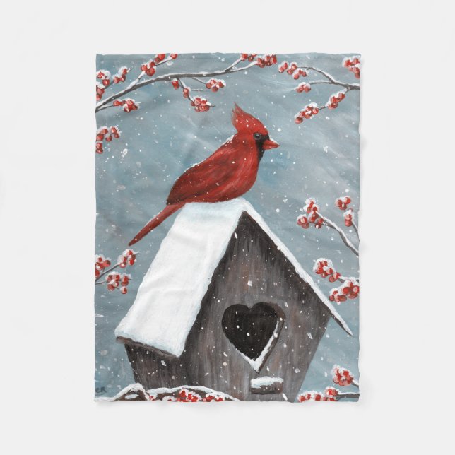Northern Cardinal Winter Snow Fleece Blanket (Front)
