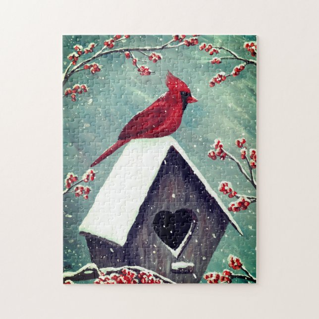 Northern Cardinal Winter Snow | Green Jigsaw Puzzle (Vertical)