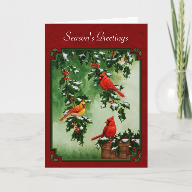 Northern Cardinals and Holly Red Holiday Card (Front)