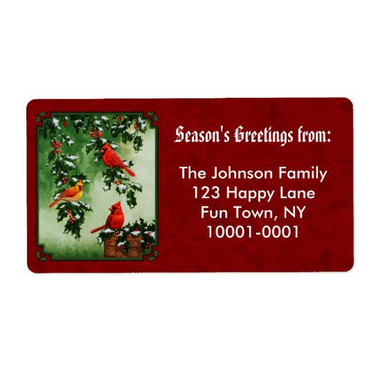 Northern Cardinals and Holly Red Shipping Label