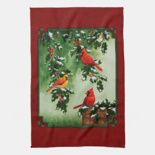 Northern Cardinals and Holly Red Tea Towel