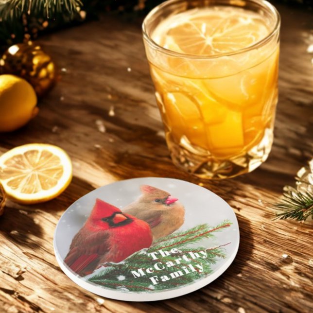Northern Cardinals in Pine Tree Family Name Coaster (Celebrate the season with winter coasters featuring your family name, snow, and beautiful cardinals.)