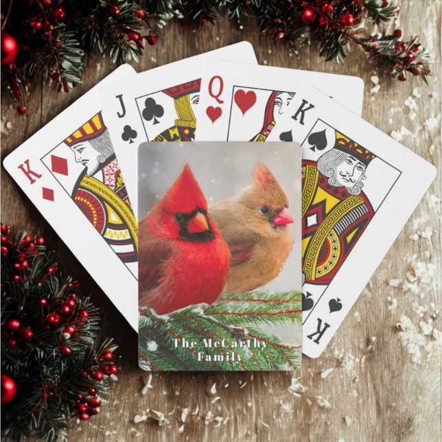 Northern Cardinals in Pine Tree Winter Family Name Playing Cards (Two beautiful cardinal birds and personalized text on playing cards are a fun stocking stuffer.)