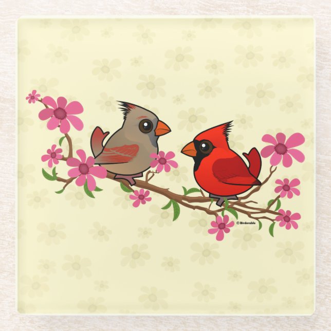 Northern Cardinals on Blossom Branch Glass Coaster (Front)