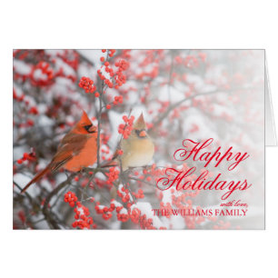 Northern Cardinals on Common Winterberry in snow