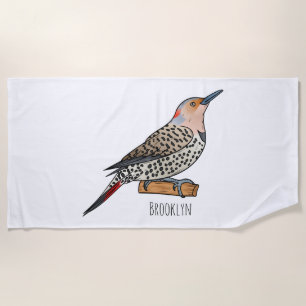 Northern flicker bird cartoon illustration beach towel