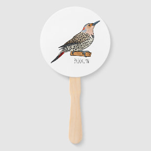 Northern flicker bird cartoon illustration hand fan