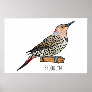 Northern flicker bird cartoon illustration  poster