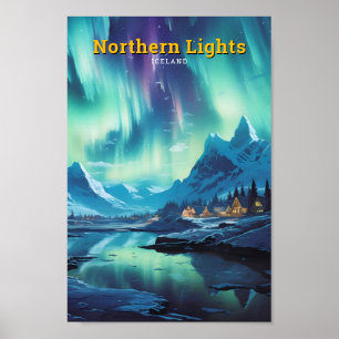 Northern Light Iceland Vintage Travel  Poster