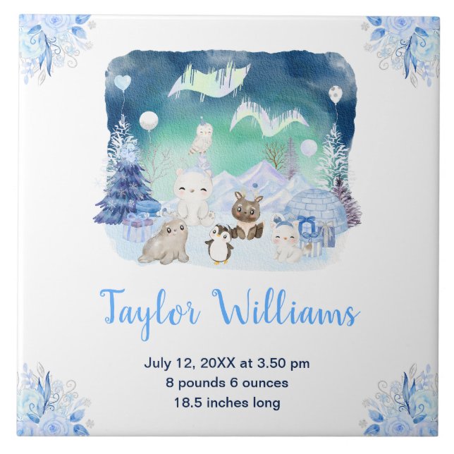 Northern Lights Arctic Animals Birth Statistics Ceramic Tile (Front)