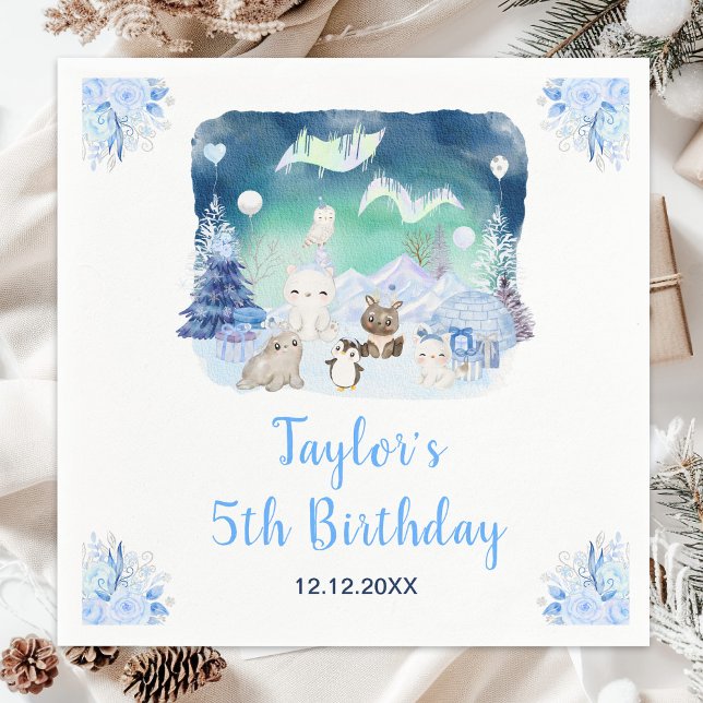 Northern Lights Arctic Animals Birthday Napkin (Creator Uploaded)