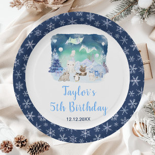 Northern Lights Arctic Animals Birthday Paper Plate