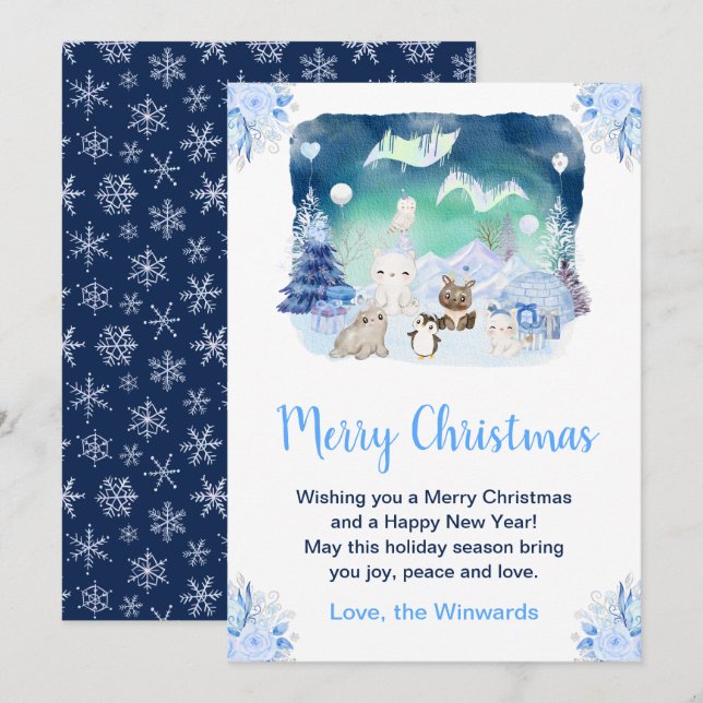 Northern Lights Arctic Animals Merry Christmas Holiday Card (Front/Back)