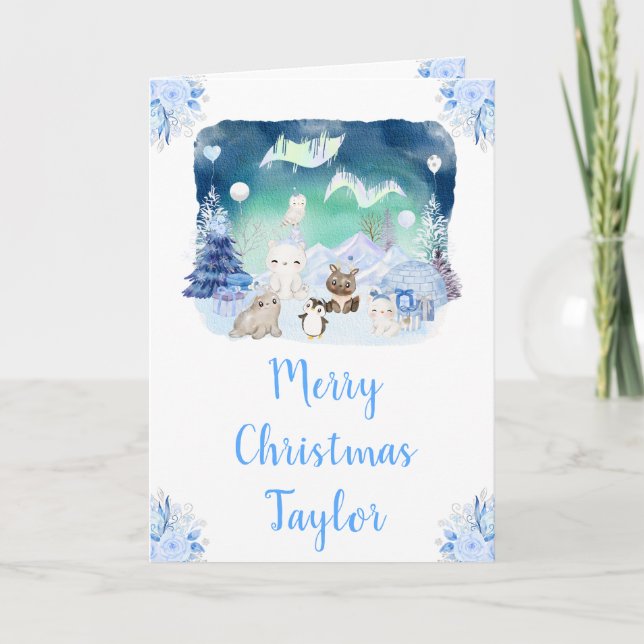 Northern Lights Arctic Animals Merry Christmas Holiday Card (Front)