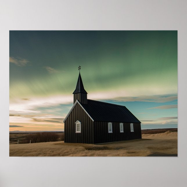 Northern lights at Budir church Poster (Front)