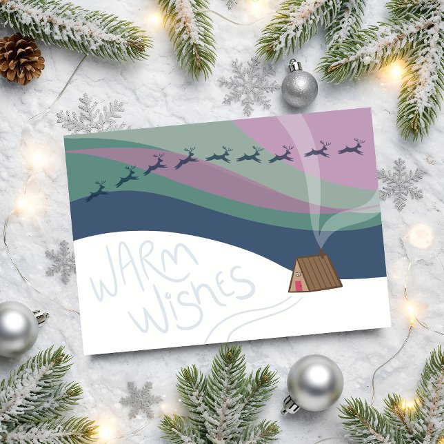 Northern Lights at the A-Frame Folded Holiday Card (Modern folded holiday greeting card featuring an A-frame cabin, northern lights, and reindeer.)