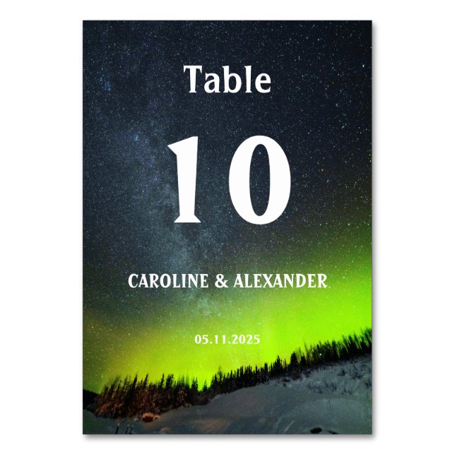 Northern Lights Aurora Borealis Night Sky Wedding Table Number (Front)