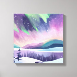 Northern Lights Colourful Winter Night | Watercolo Canvas Print