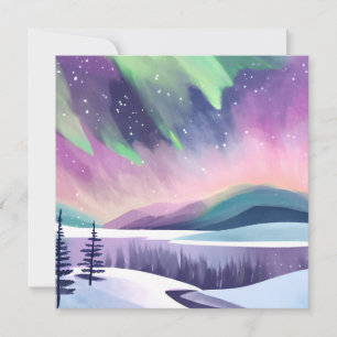 Northern Lights Colourful Winter Night Watercolo Card