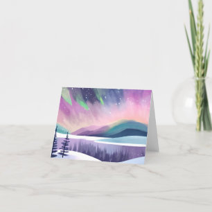 Northern Lights Colourful Winter Night   Watercolo Holiday Card