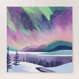 Northern Lights Colourful Winter Night   Watercolo Jigsaw Puzzle