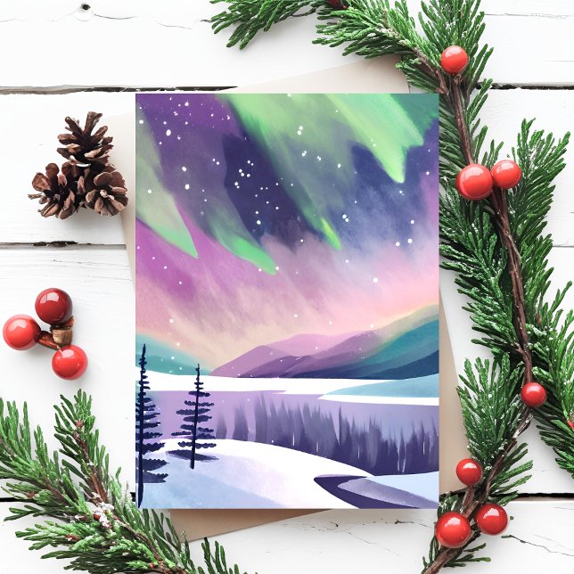 Northern Lights Colourful Winter Night | Watercolo Postcard (Creator Uploaded)