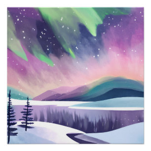 Northern Lights Colourful Winter Night   Watercolo Poster