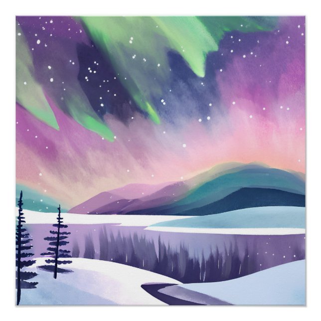 Northern Lights Colourful Winter Night | Watercolo Poster (Front)