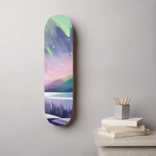 Northern Lights Colourful Winter Night   Watercolo Skateboard