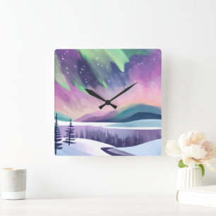Northern Lights Colourful Winter Night Watercolo Square Wall Clock