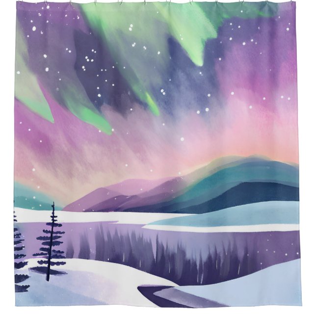 Northern Lights Colourful Winter Night Watercolor Shower Curtain (Front)