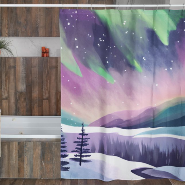Northern Lights Colourful Winter Night Watercolor Shower Curtain (Creator Uploaded)