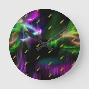 Northern Lights Colours Golden Shooting Stars Sky Round Clock