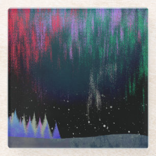 Northern Lights Contemporary Landscape  Glass Coaster