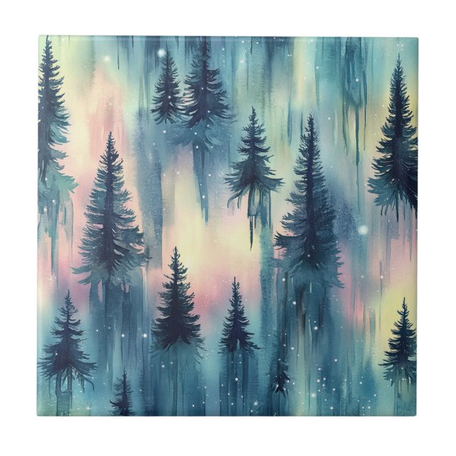 Northern Lights Forest Pattern Ceramic Tile (Front)