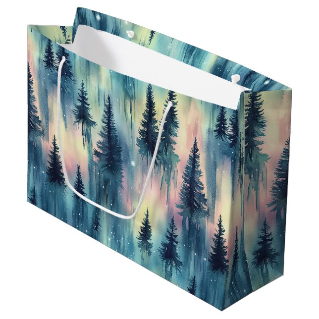 Northern Lights Forest Pattern Large Gift Bag (Front Angled)
