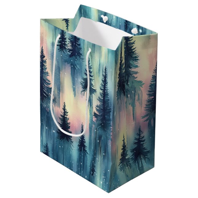 Northern Lights Forest Pattern Medium Gift Bag (Front Angled)