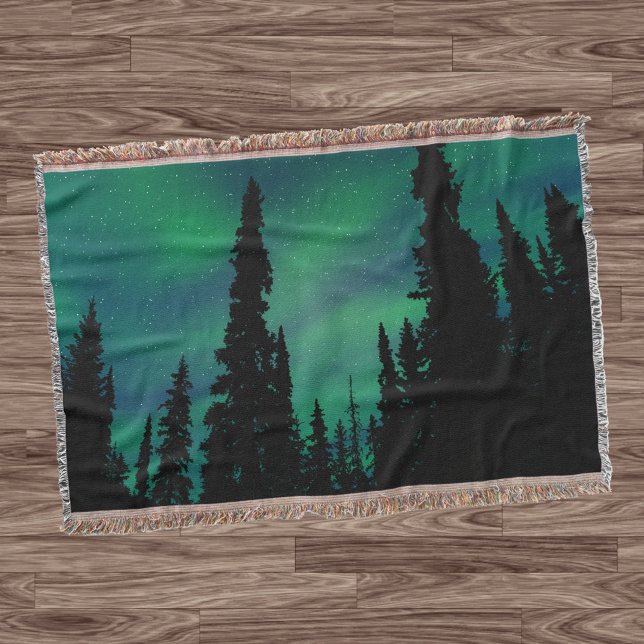 Northern Lights Green Night Sky Forest Throw Blanket (Creator Uploaded)