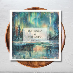 Northern Lights Lake Forest Night Sky Wedding Napkin