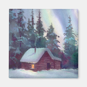 NORTHERN LIGHTS & LOG CABIN by SHARON SHARPE Magnet