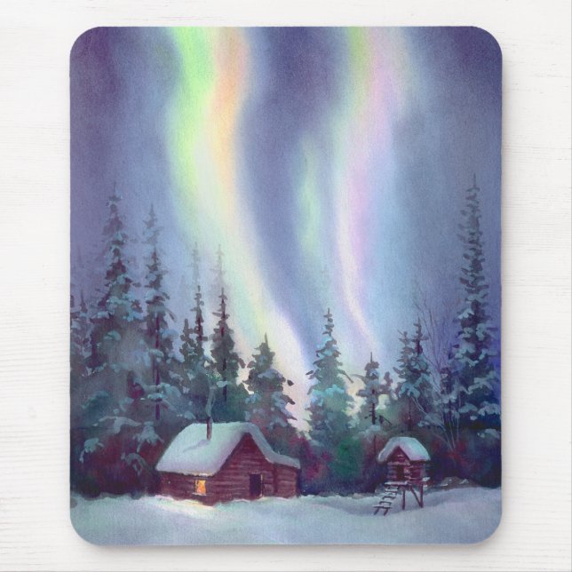 NORTHERN LIGHTS & LOG CABIN by SHARON SHARPE Mouse Pad (Front)