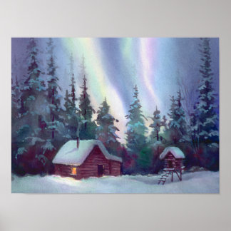 NORTHERN LIGHTS & LOG CABIN by SHARON SHARPE Poster
