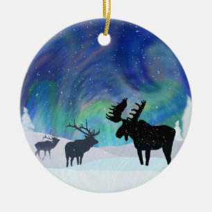Northern Lights Moose and Elk Ceramic Ornament