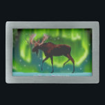 Northern Lights Moose Rectangular Belt Buckle<br><div class="desc">An ever so slightly stylised image of a moose silhouetted against the Northern Lights.</div>