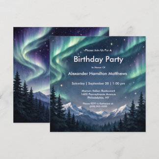 Northern Lights Mountain Forest Birthday Invitation