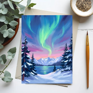 Northern Lights Mountains Winter Watercolor Postcard