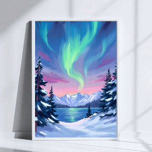 Northern Lights Mountains Winter Watercolor Poster