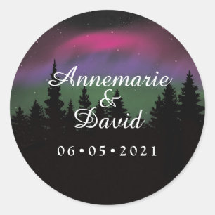 Northern Lights Mountaintop Stars Wedding Favour Classic Round Sticker